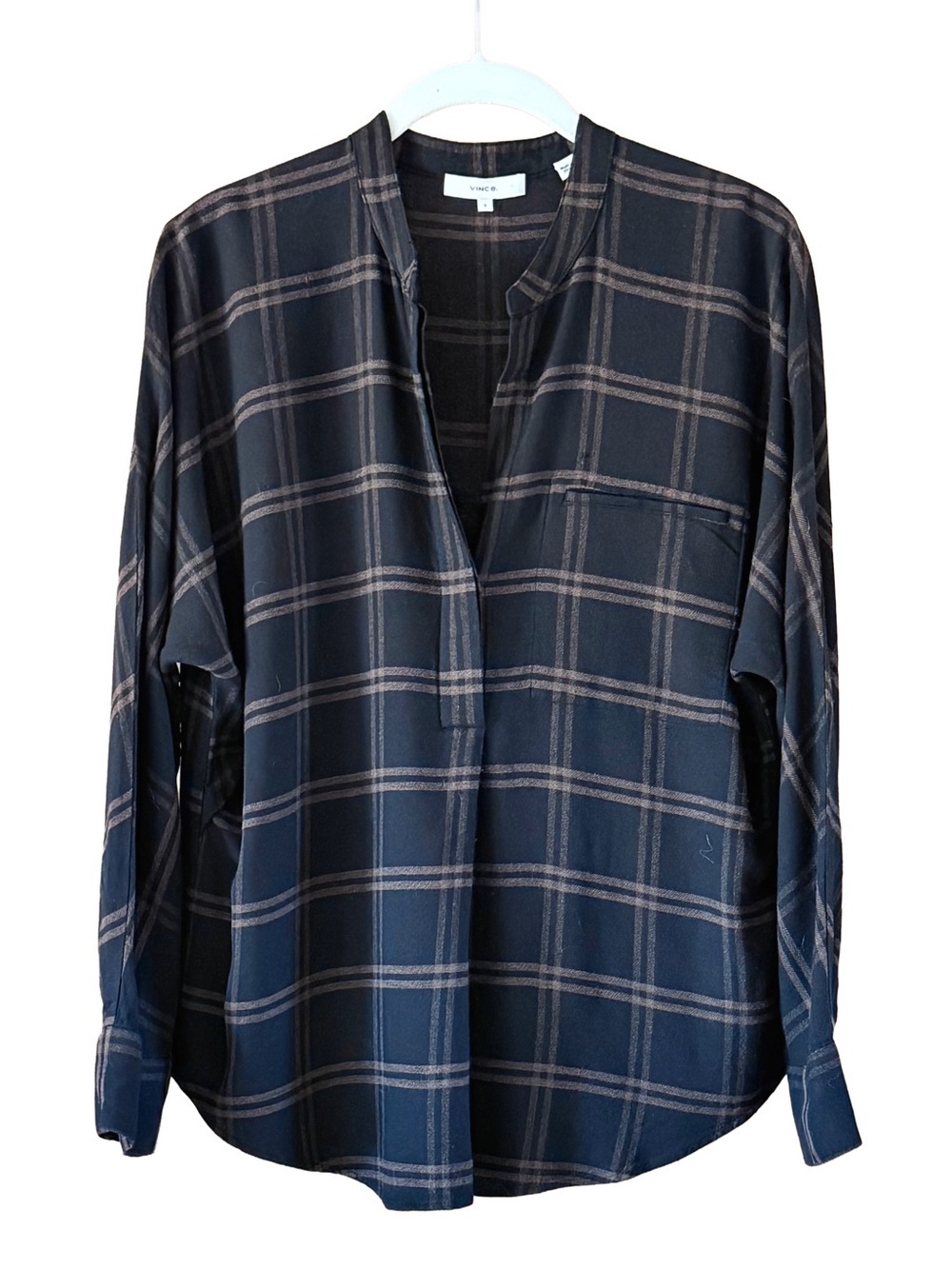 Vince Shadow Plaid Shirt Band Collar Oversized Pullover Black Brown Women’s S